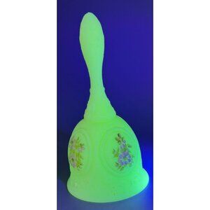 Vintage 1960s Custard Uranium Glass Hand Painted Floral Bell Signed S Johnson